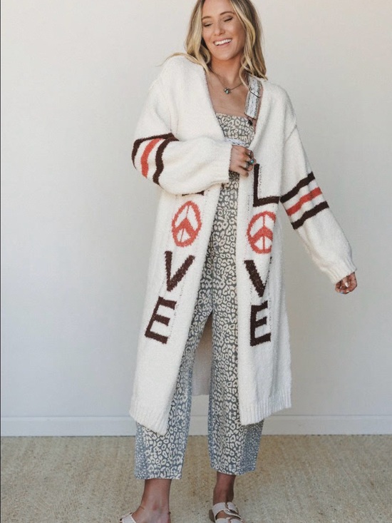 POL Sweaters - POL Ivory Long Open-Front Cardigan with Brown and Coral Accents